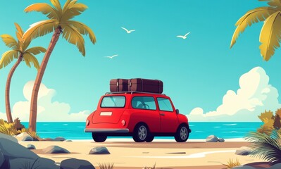 Red Retro Car on Tropical Beach Summer Vacation Pixel Art Illustration
