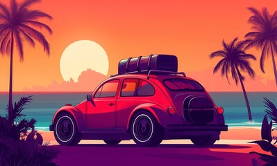 Red Vintage Car on Tropical Beach at Sunset Pixel Art
