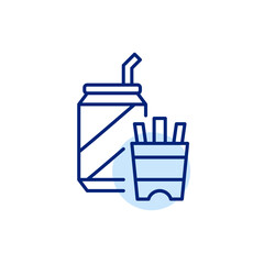 Can of soda with straw and french fries. Takeout or food delivery. Fast food, chain restaurants. Pixel perfect, editable stroke vector icon
