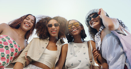 Cool. women and friends in city with fashion in summer for urban, diversity or trendy style...