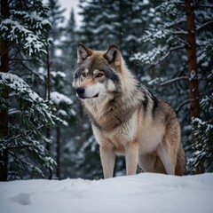 Obraz premium Two Northwestern Wolves Posing in Snowy Forest During Winter
