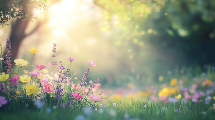 Obraz premium Lush sunlit garden with blooming flowers and soft morning light, illuminating a vibrant forest meadow filled with colorful wildflowers in magical forest, creating a sense of wonder and enchantment.