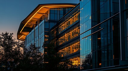Modern Building Exterior at Dusk with Glass Facade and Trees