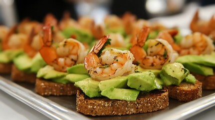 A serving tray of shrimp canapes on mini wheat toasts with avocado