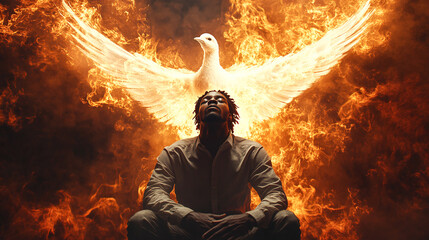 Pentecost concept art. Glowing white dove of the holy spirit descending upon a African American man. Man on his knees receiving the holy ghost symbolized by a white glowing dove of fire