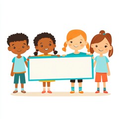 Smiling Diverse Children Holding Blank Sign Cartoon Illustration