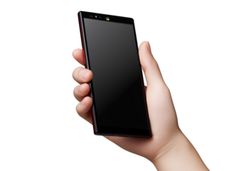 Hand Holding Minimalist Black Smartphone with Sleek Design and Touchscreen Display PNG file isolated on transparent background ,cut out, clipping path, close up, high quality
