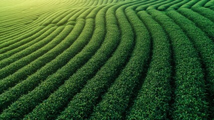 Lush Green Tea Fields with Symmetrical Growing Patterns in Rows