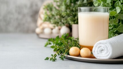 Refreshing Glass of Milk on Plate with Soft Towel Creating Calm Scene