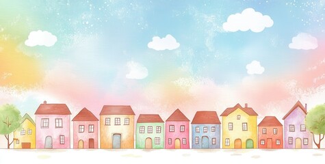 Whimsical Watercolor Village Under a Rainbow Sky