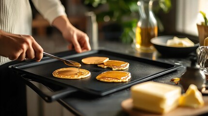Fototapeta premium A person flipping pancakes on a griddle with syrup and butter in the background.