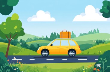 Yellow Car Summer Road Trip Pixel Art Illustration