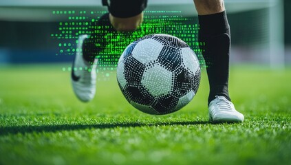 Soccer player dribbling ball with digital overlay
