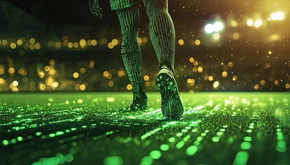 Soccer player walks on digital field at night