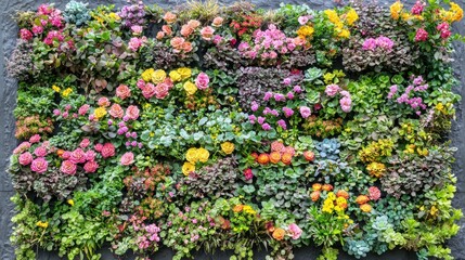 Vibrant flower wall art. A colorful display of various blooming plants arranged in a grid pattern on a dark gray surface