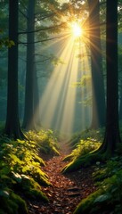 Forest floor bathed in warm sunlight and misty atmosphere, peaceful, woods, natural