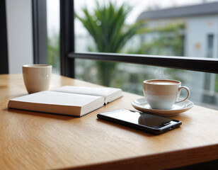 Latte coffee and reading book is open on wooden table with sunlight and diary for writing note, relax in the morning in cafe
