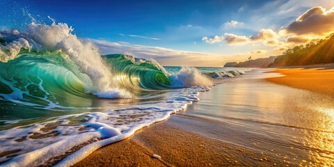 Naklejka premium Close-up ocean wave photography: foamy surf explodes on a sandy shore.