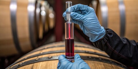 Extraction of wine sample from oak barrel in a winery during the aging process in a cellar