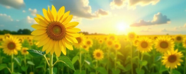 Obraz premium Lone sunflower facing sun, vibrant yellow petals, green field , golden, stalk, bloom