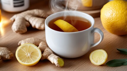 Warm Cup of Tea Infused with Fresh Lemon and Ginger for Cozy Moments