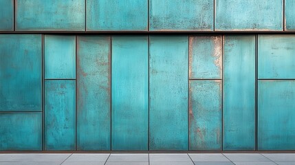Verdigris copper panels with gray floor. Use it for architectural or industrial backgrounds.