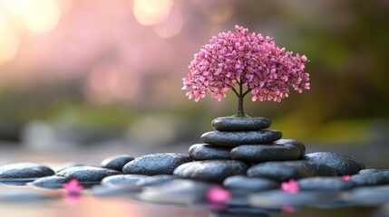 Harmony of stones and blossoms a zen garden miniature capturing tranquility meditation and the ephemeral beauty of nature's gentle touch
