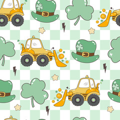 Boy's St Patrick's Day Seamless Pattern with Construction Lucky Seamless Pattern Fabric Vector