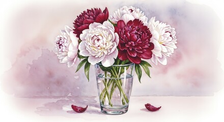 Peonies bouquet in a glass vase, elegant floral arrangement with soft colors 