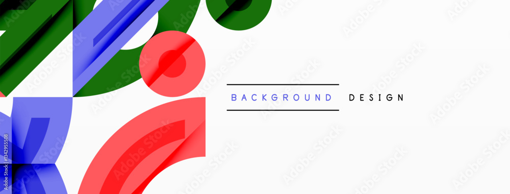 Poster Abstract geometric background with shapes, featuring circular and rounded elements. Bold contrast, smooth gradients, dynamic composition, futuristic style