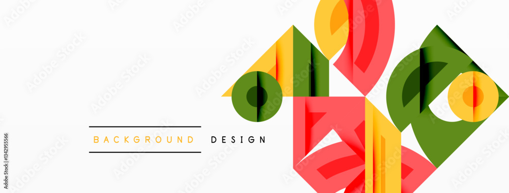Poster Abstract geometric background with shapes, featuring circular and rounded elements. Bold contrast, smooth gradients, dynamic composition, futuristic style