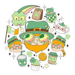St Patricks Day t-shirt Design Vector with Groovy Leprechaun Head, Four-Leaf Clovers and Lucky Elements Hand Drawn Design