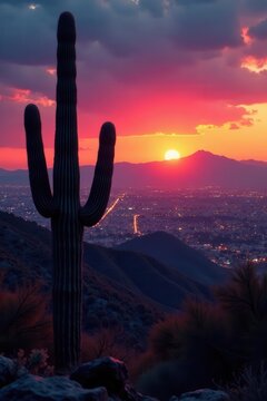 Majestic saguaro silhouette against Phoenix cityscape, Camelback backdrop, desert, travel