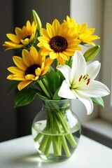 Freshly picked bouquet of white lilies and yellow sunflowers, bouquet, petals