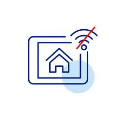 Electronic tablet, no wi-fi and house symbol. Smart home disconnected, offline mode. Pixel perfect, editable stroke vector icon