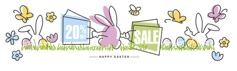 Spring Easter Sale special offer 20 20% percent off. Easter bunny carries bags with discounts. Colorful flowers, butterflies, bee, bunnies, Easter eggs and grass in the background