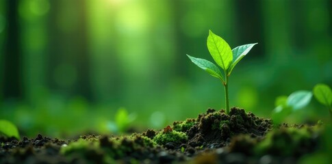 Green foliage sprouts from a large plant stem, leaves, forest, greenery