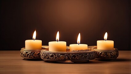 A flat lay image featuring a circular arrangement of small, lit oil lamps on a dark, textured surface.