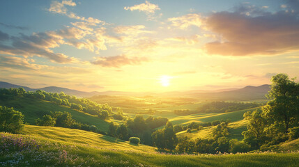 Fototapeta premium Sunrise in a tranquil valley a peaceful nature landscape background, with lush greenery and dramatic sky showcasing nature beauty, misty jungle landscape with golden light suitable design.