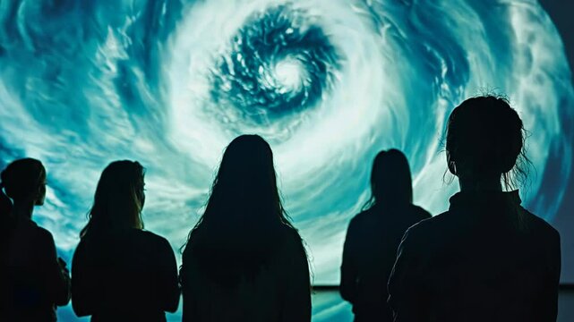 People observing a swirling storm displayed on a screen in a darkened room during an educational presentation