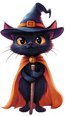 Naklejka premium Black cat sporting witch hat, orange cape, gripping wooden staff during halloween celebration