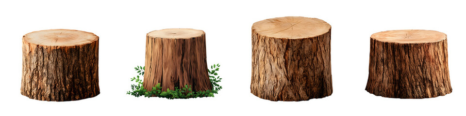 Assortment of wooden stumps and logs in a natural forest environment with moss and foliage growing around them showcasing the textures and hues of the natural materials