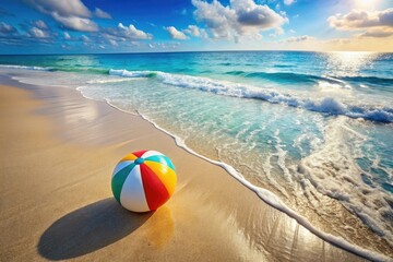 Obraz premium Coastal bliss: Aerial view of a beach ball, sun-kissed sand, and endless ocean.