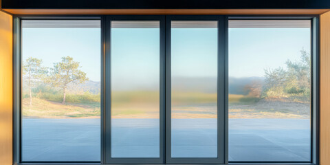 Fototapeta premium Modern glass doors with a tranquil outdoor view during early morning light