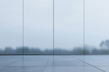 Naklejka premium Contemporary interior space with glass walls overlooking a misty landscape at dawn