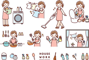 家事をする女性のイラストセット © AKIYU