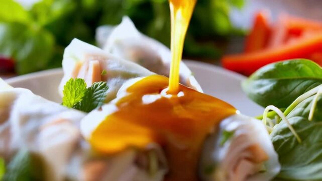 Close-up of nuoc cham being poured over a plate of spring rolls, highlighting its glossy texture, fresh ingredients around
