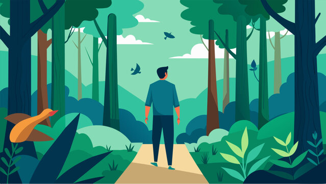 A man imagines himself walking through a lush forest surrounded by tall trees and the sound of birds chirping as he focuses on each step and breath to clear his mind.. Vector illustration