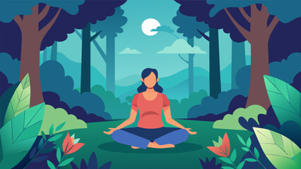 A meditation session in a tranquil forest using the serenity of nature to promote relaxation and introspection.. Vector illustration