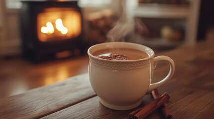 Fototapeta premium A warm, inviting cup of apple cider, bubbling with cinnamon sticks, its aroma filling the air with cozy autumnal scents.